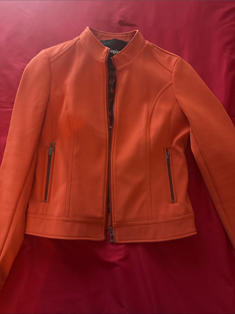 Desigual Orange Women's Textured Zip Moto Jacket